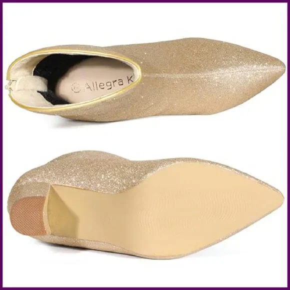 Glitter Pointy Toe Mid Calf Boots with Block Heel and Back Zipper - Picture 6 of 7